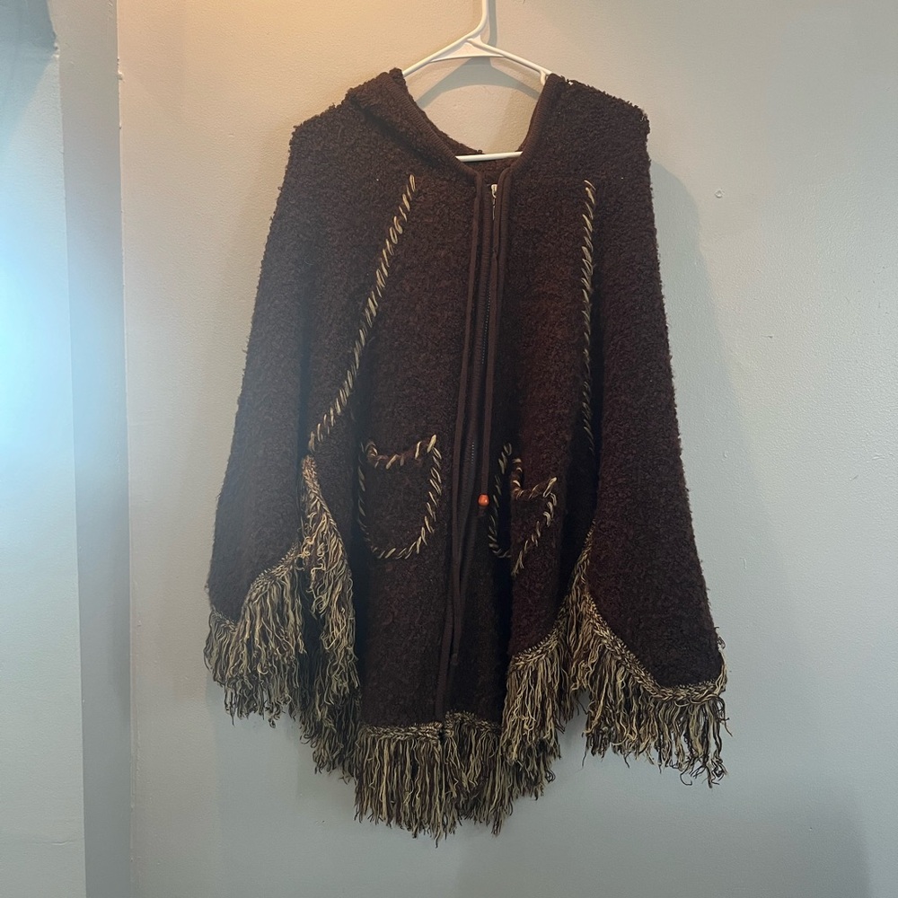 Brown Hooded Poncho with Fringe